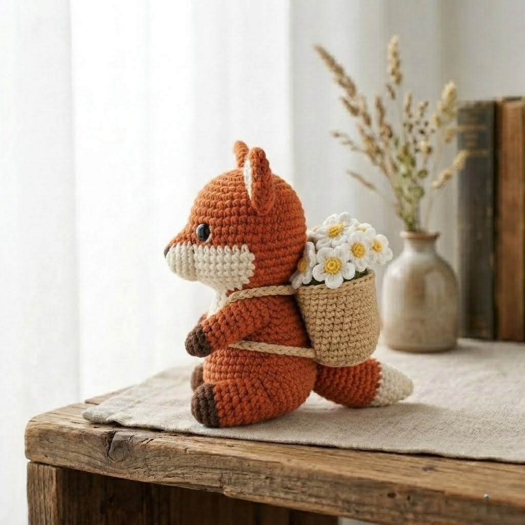 Handmade Crochet Fox with Daisy Basket – Woodland Home Decor & Gift