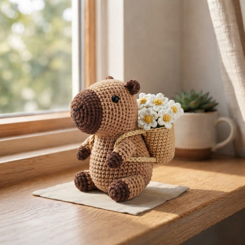 Crochet Capybara with Flower Basket – Handmade Amigurumi Plush