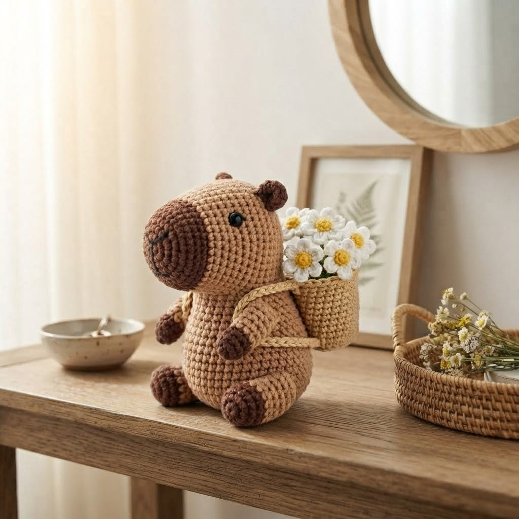 Crochet Capybara with Flower Basket – Handmade Amigurumi Plush