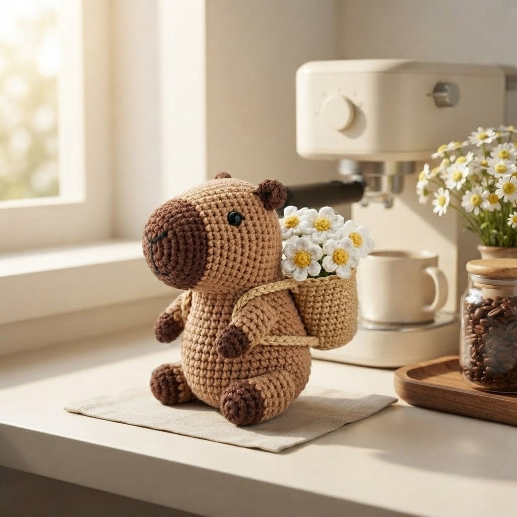 Crochet Capybara with Flower Basket – Handmade Amigurumi Plush
