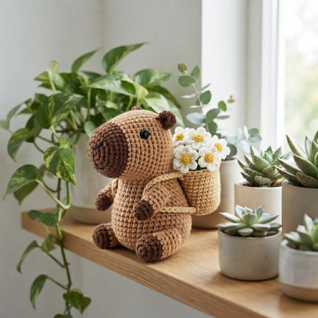Crochet Capybara with Flower Basket – Handmade Amigurumi Plush