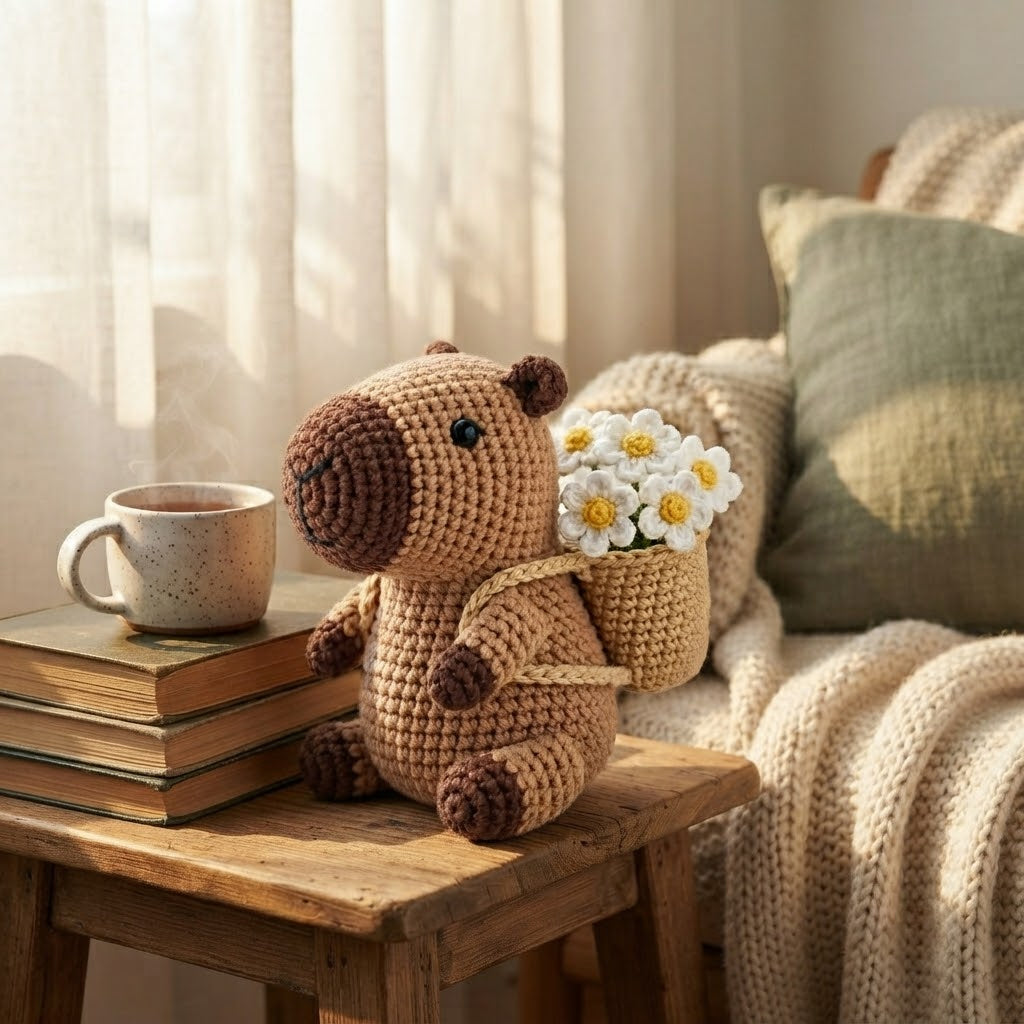 Crochet Capybara with Flower Basket – Handmade Amigurumi Plush