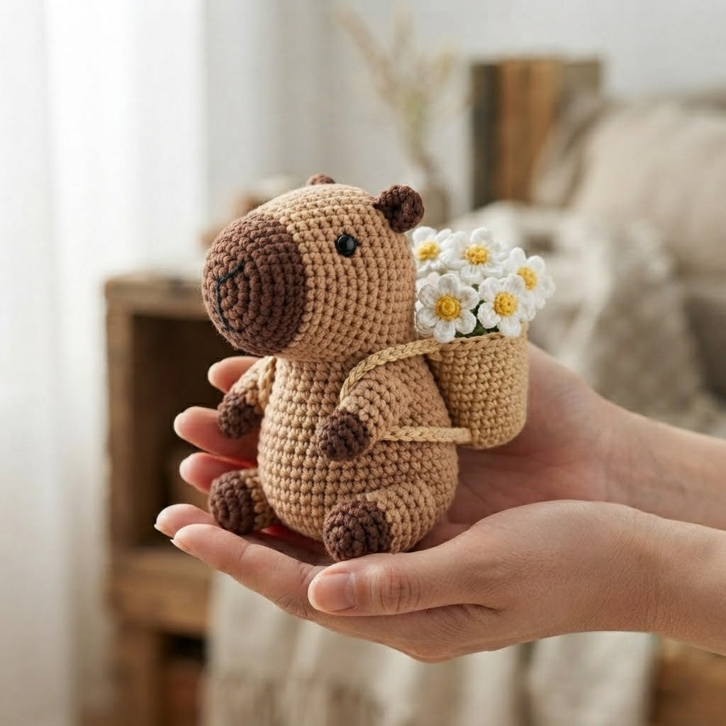 Crochet Capybara with Flower Basket – Handmade Amigurumi Plush