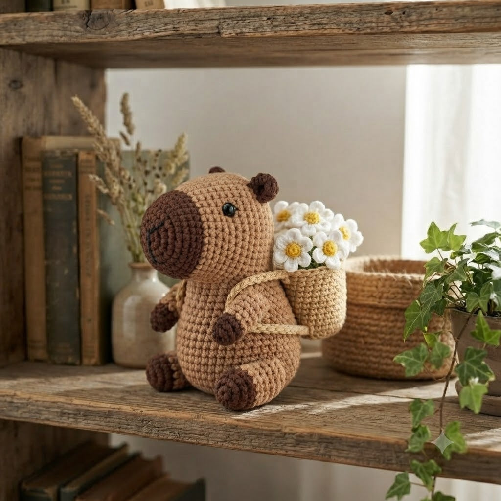 Crochet Capybara with Flower Basket – Handmade Amigurumi Plush