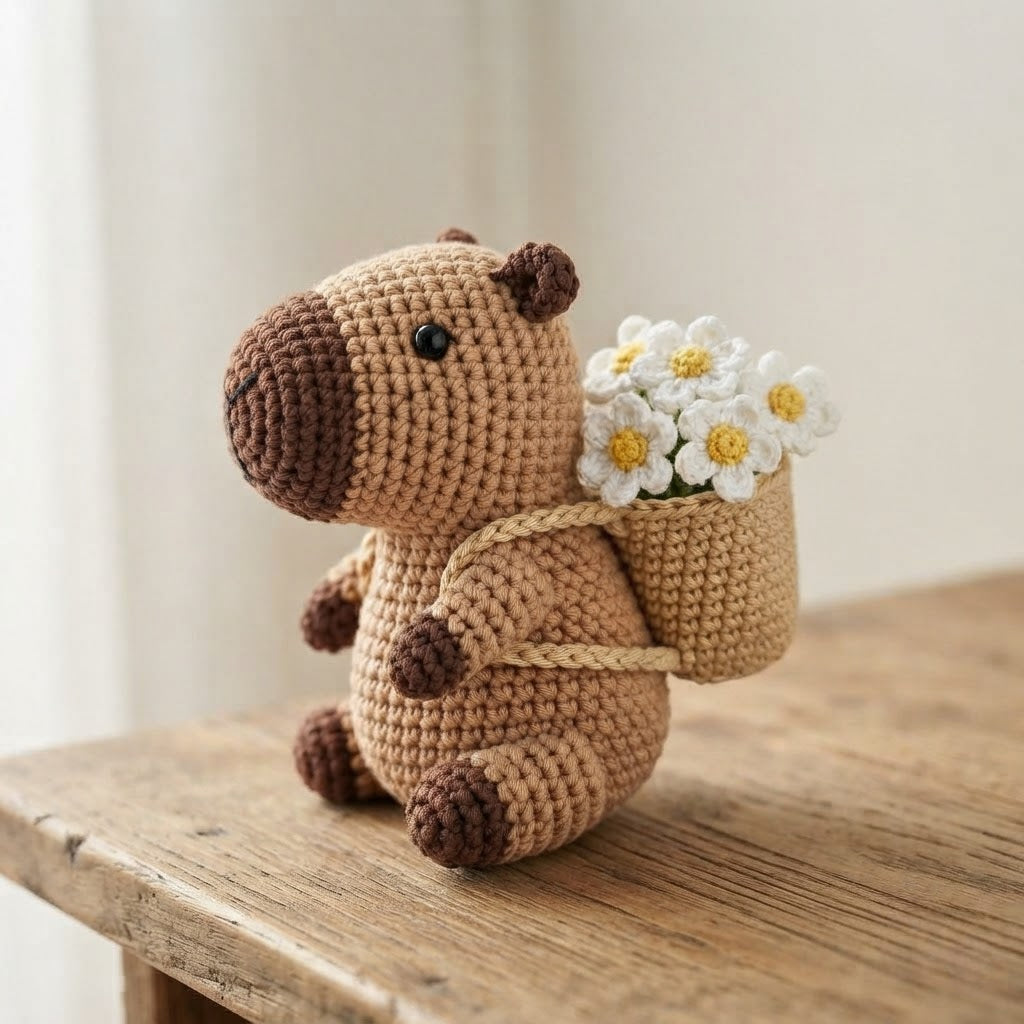 Crochet Capybara with Flower Basket – Handmade Amigurumi Plush