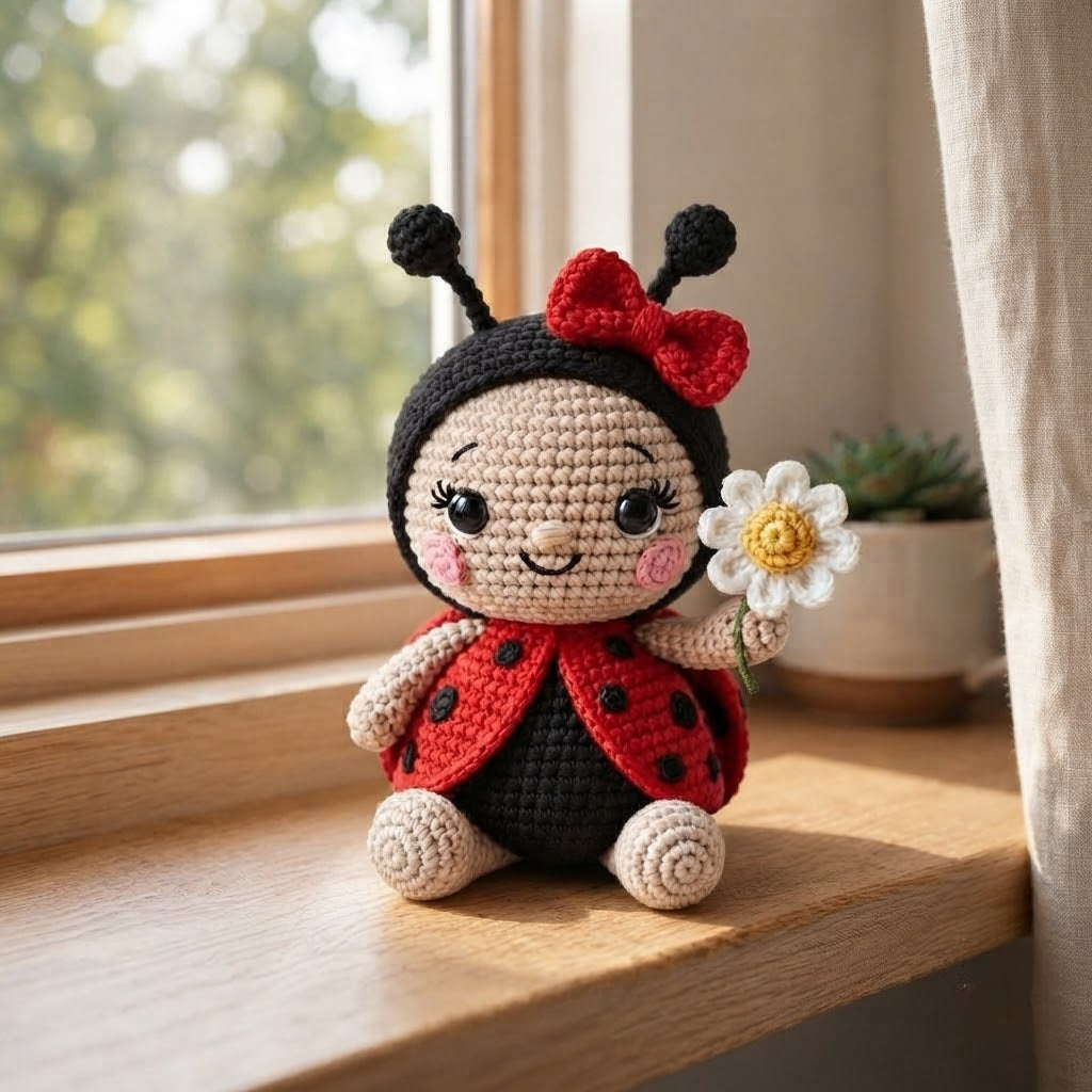 Crochet Ladybird Doll with Daisy – Handmade Ladybird Plush Toy for Kids