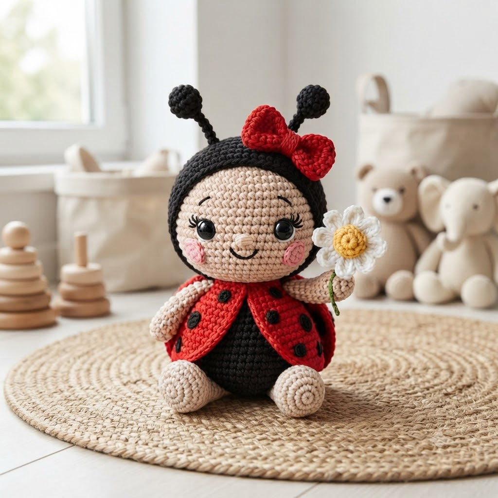 Crochet Ladybird Doll with Daisy – Handmade Ladybird Plush Toy for Kids