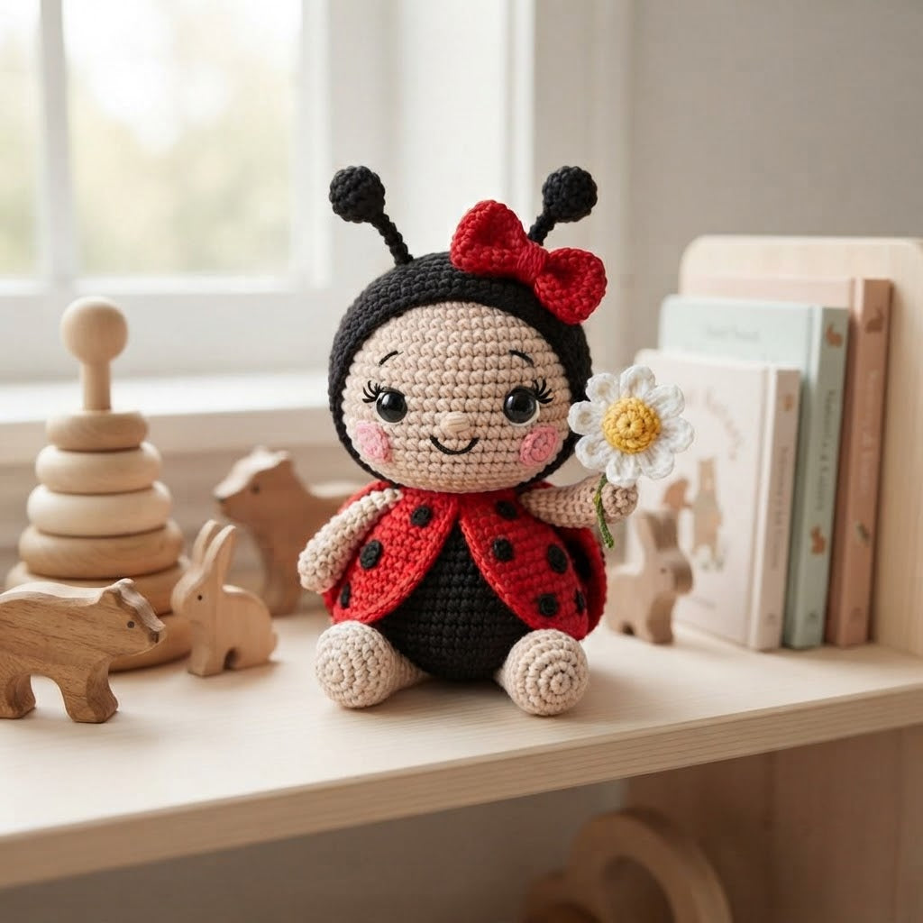 Crochet Ladybird Doll with Daisy – Handmade Ladybird Plush Toy for Kids