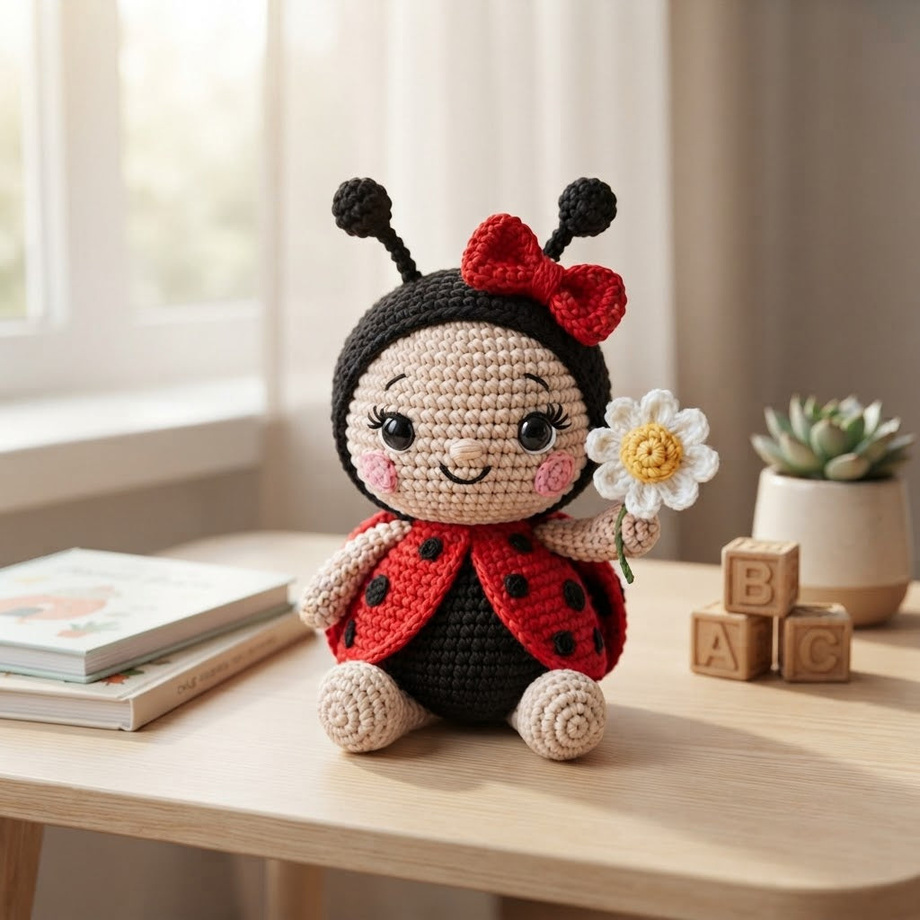 Crochet Ladybird Doll with Daisy – Handmade Ladybird Plush Toy for Kids