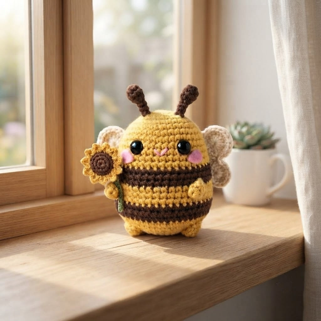 Crochet Bumble Bee with Sunflower – Handmade Bee Plush