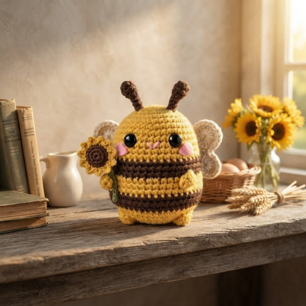 Crochet Bumble Bee with Sunflower – Handmade Bee Plush