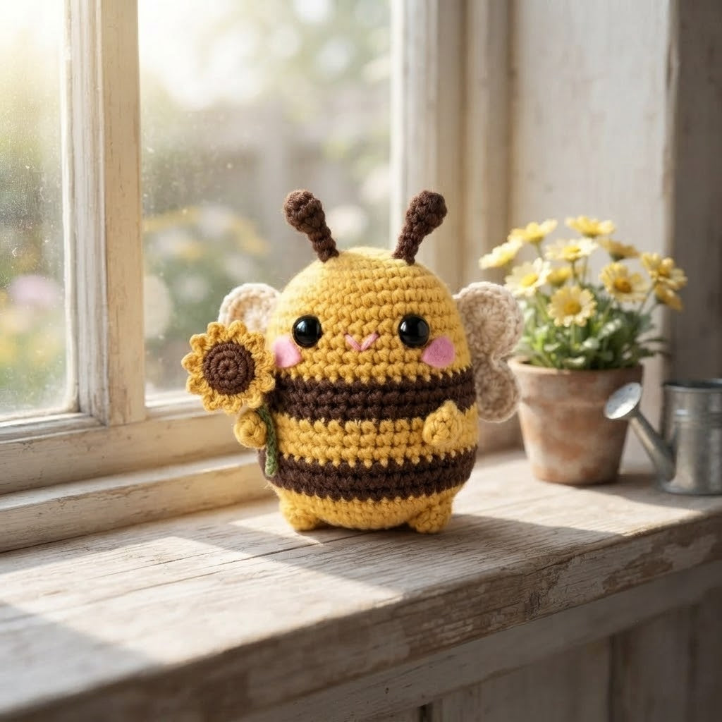 Crochet Bumble Bee with Sunflower – Handmade Bee Plush