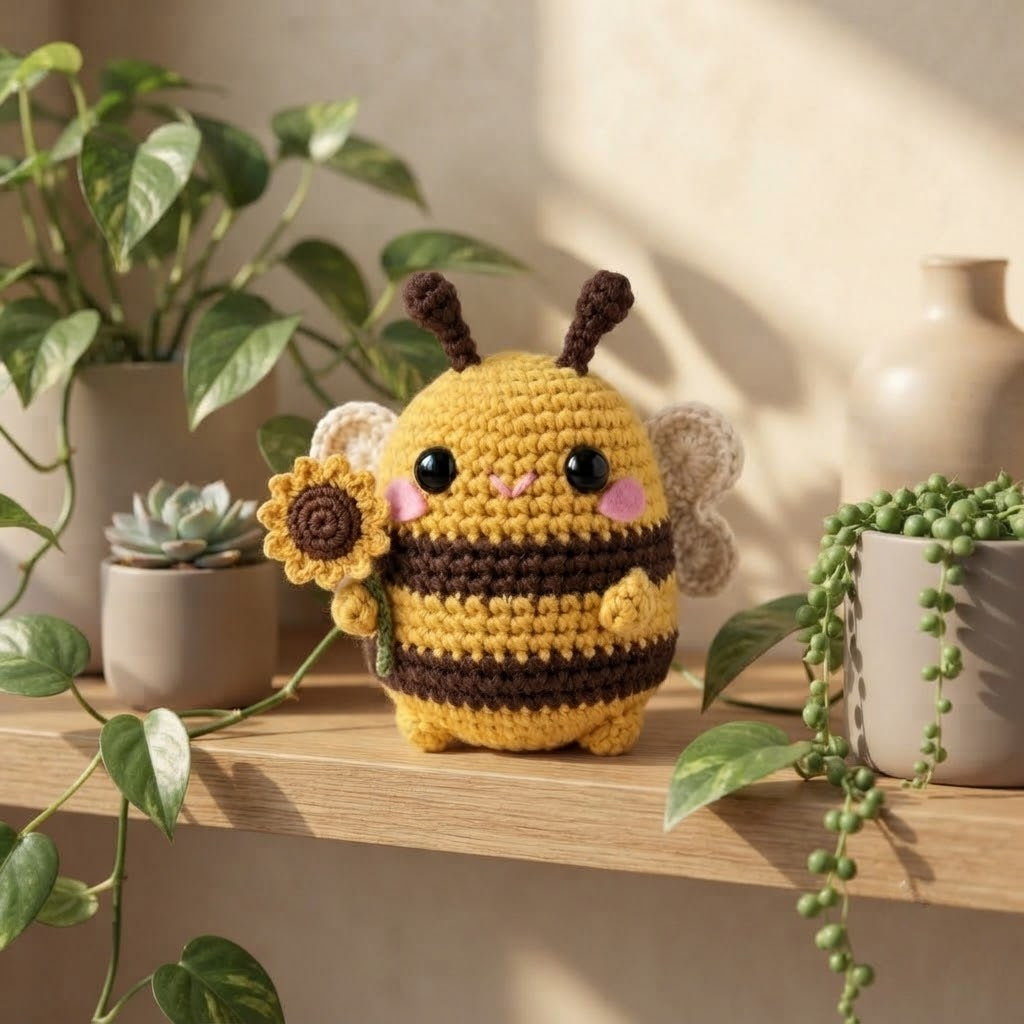 Crochet Bumble Bee with Sunflower – Handmade Bee Plush