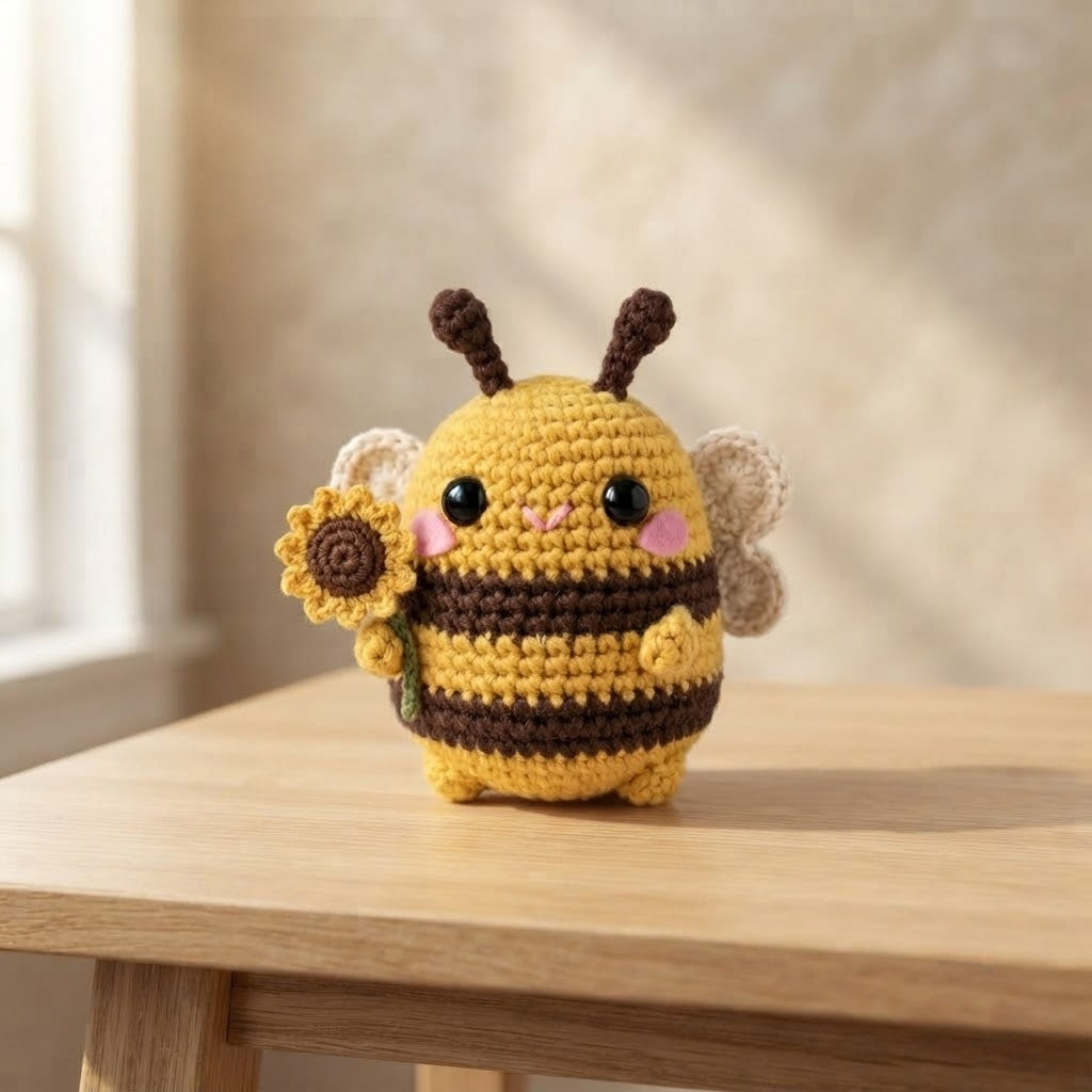 Crochet Bumble Bee with Sunflower – Handmade Bee Plush