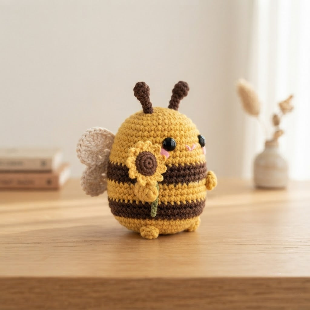 Crochet Bumble Bee with Sunflower – Handmade Bee Plush
