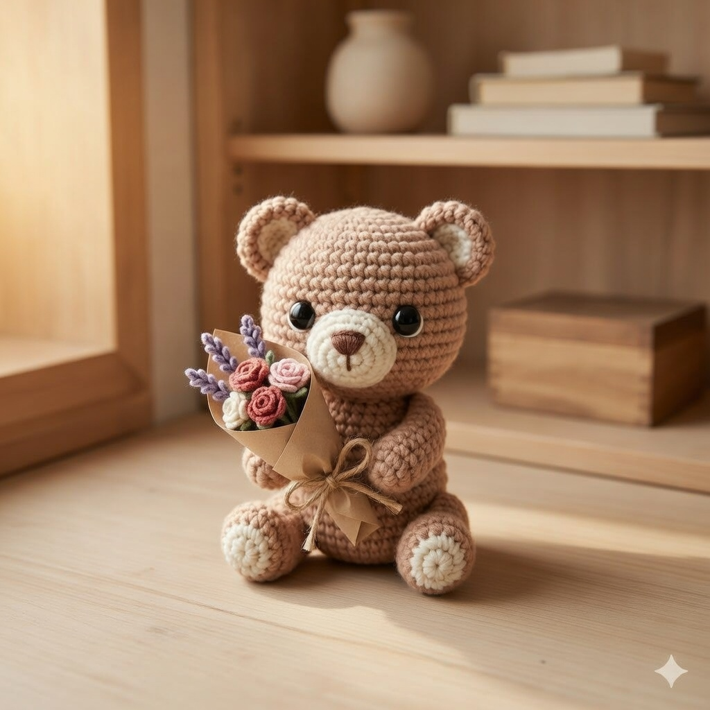 Crochet Teddy Bear with Flower Bouquet – Handmade Plushie Gift