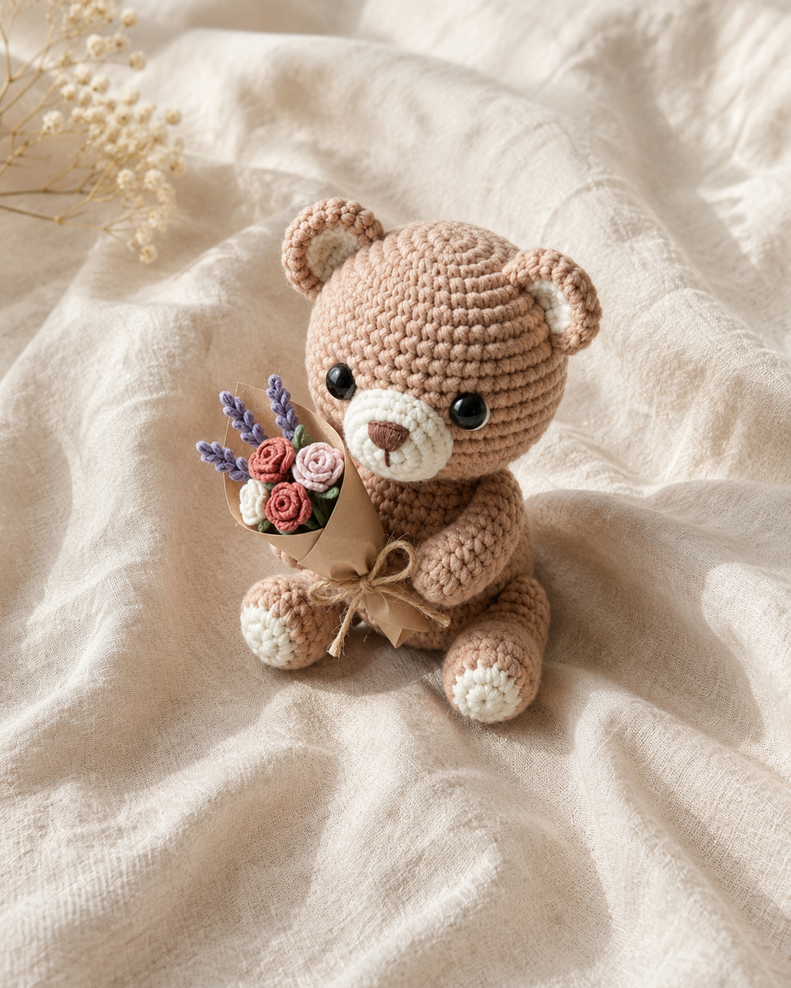 Crochet Teddy Bear with Flower Bouquet – Handmade Plushie Gift