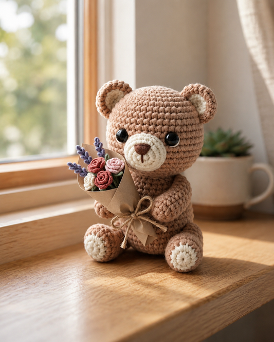 Crochet Teddy Bear with Flower Bouquet – Handmade Plushie Gift