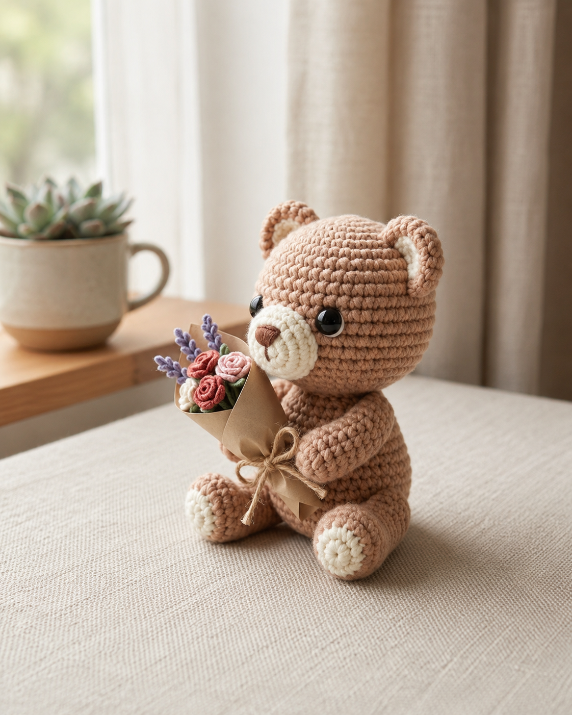 Crochet Teddy Bear with Flower Bouquet – Handmade Plushie Gift