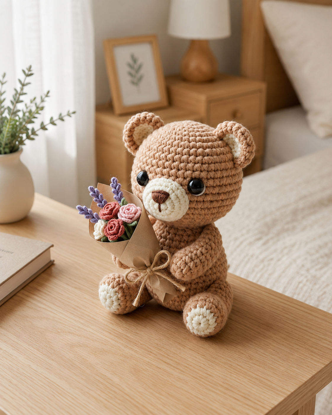 Crochet Teddy Bear with Flower Bouquet – Handmade Plushie Gift