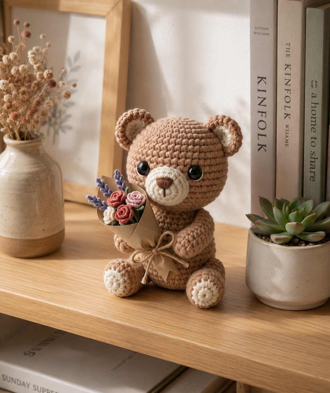Crochet Teddy Bear with Flower Bouquet – Handmade Plushie Gift