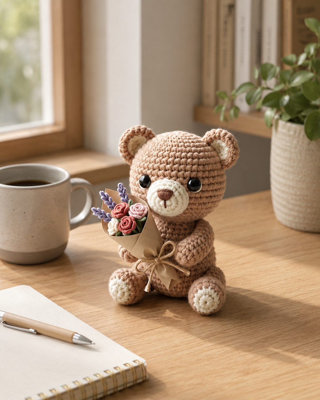 Crochet Teddy Bear with Flower Bouquet – Handmade Plushie Gift