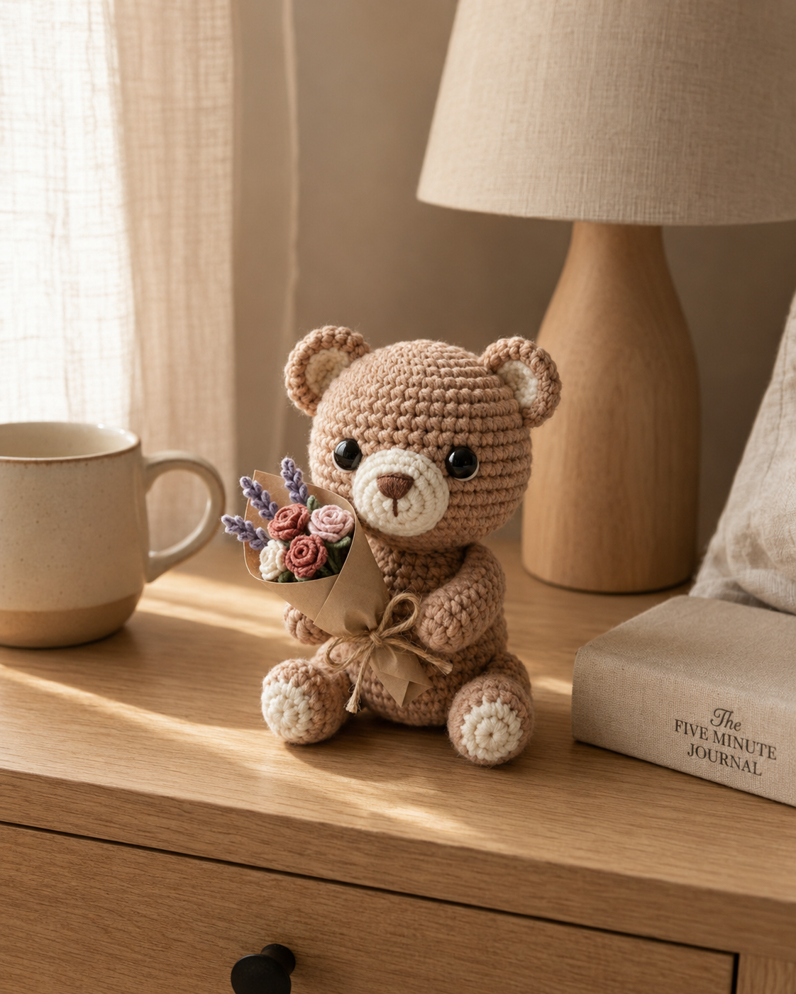 Crochet Teddy Bear with Flower Bouquet – Handmade Plushie Gift