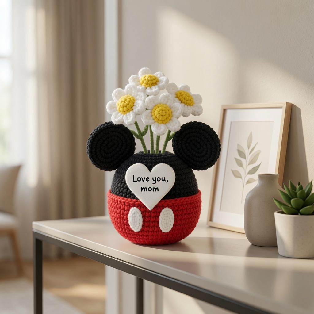 Mouse Crochet Flower Pot – Handmade Gift for Mom & Floral Decor