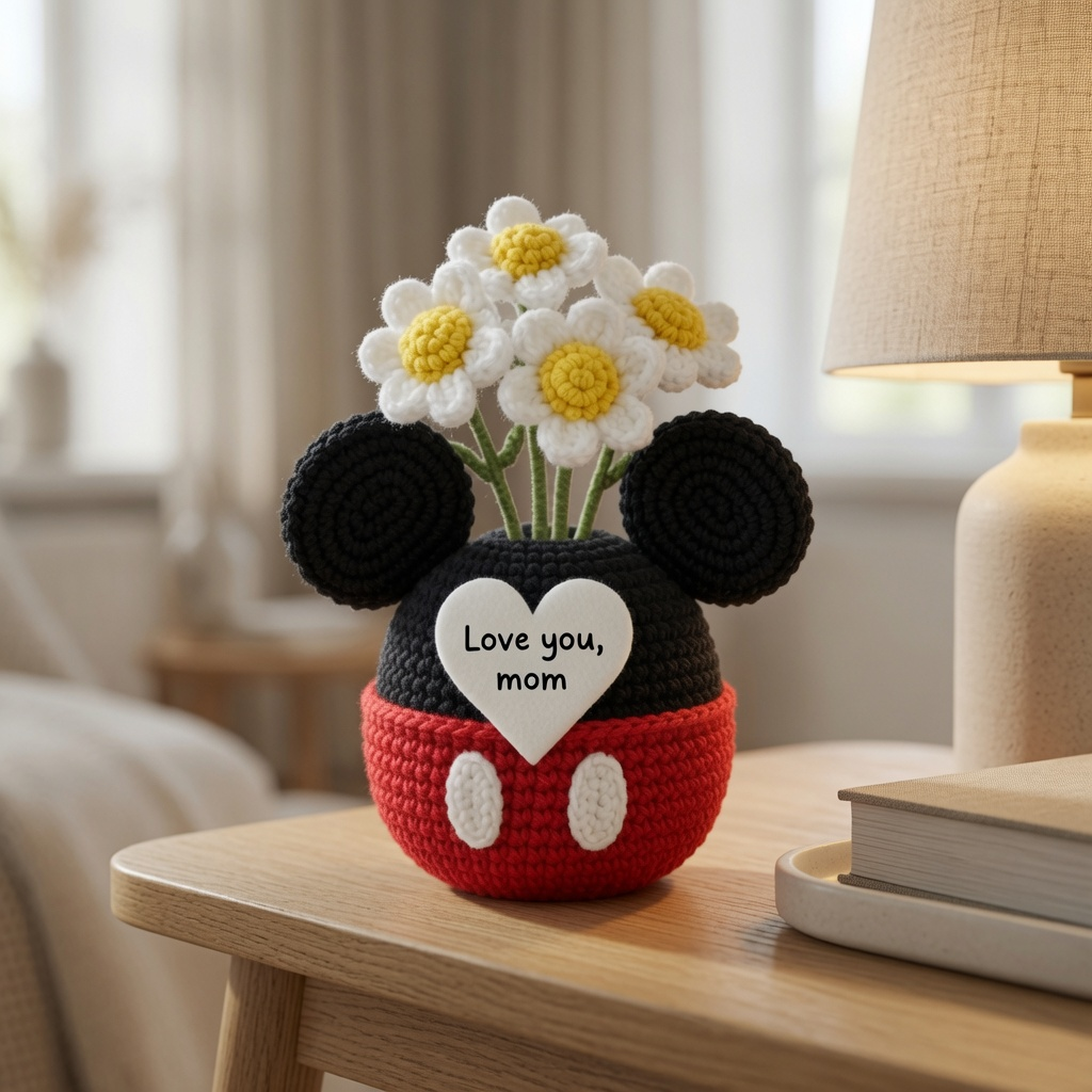 Mouse Crochet Flower Pot – Handmade Gift for Mom & Floral Decor