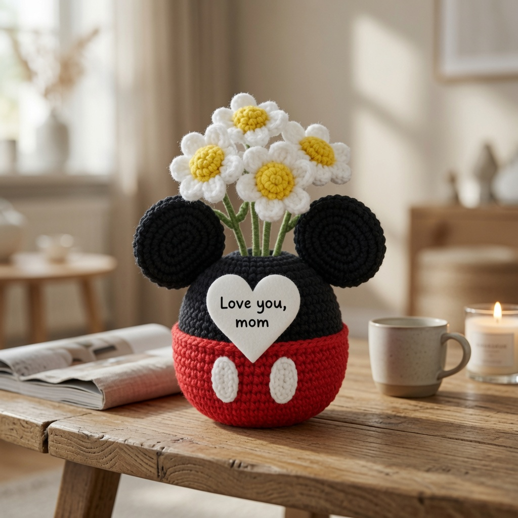 Mouse Crochet Flower Pot – Handmade Gift for Mom & Floral Decor
