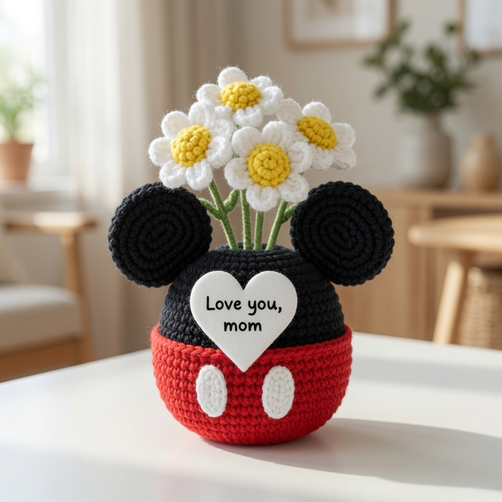 Mouse Crochet Flower Pot – Handmade Gift for Mom & Floral Decor
