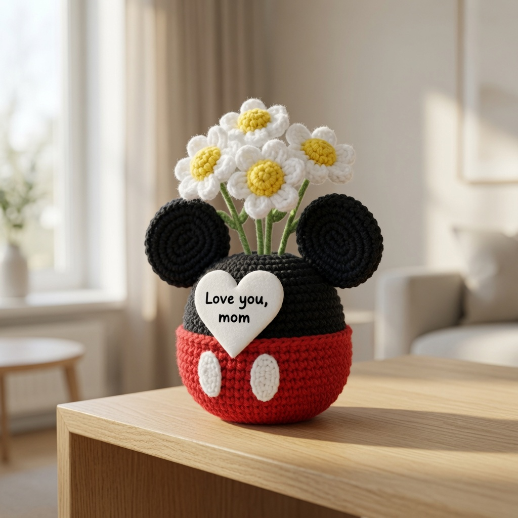 Mouse Crochet Flower Pot – Handmade Gift for Mom & Floral Decor