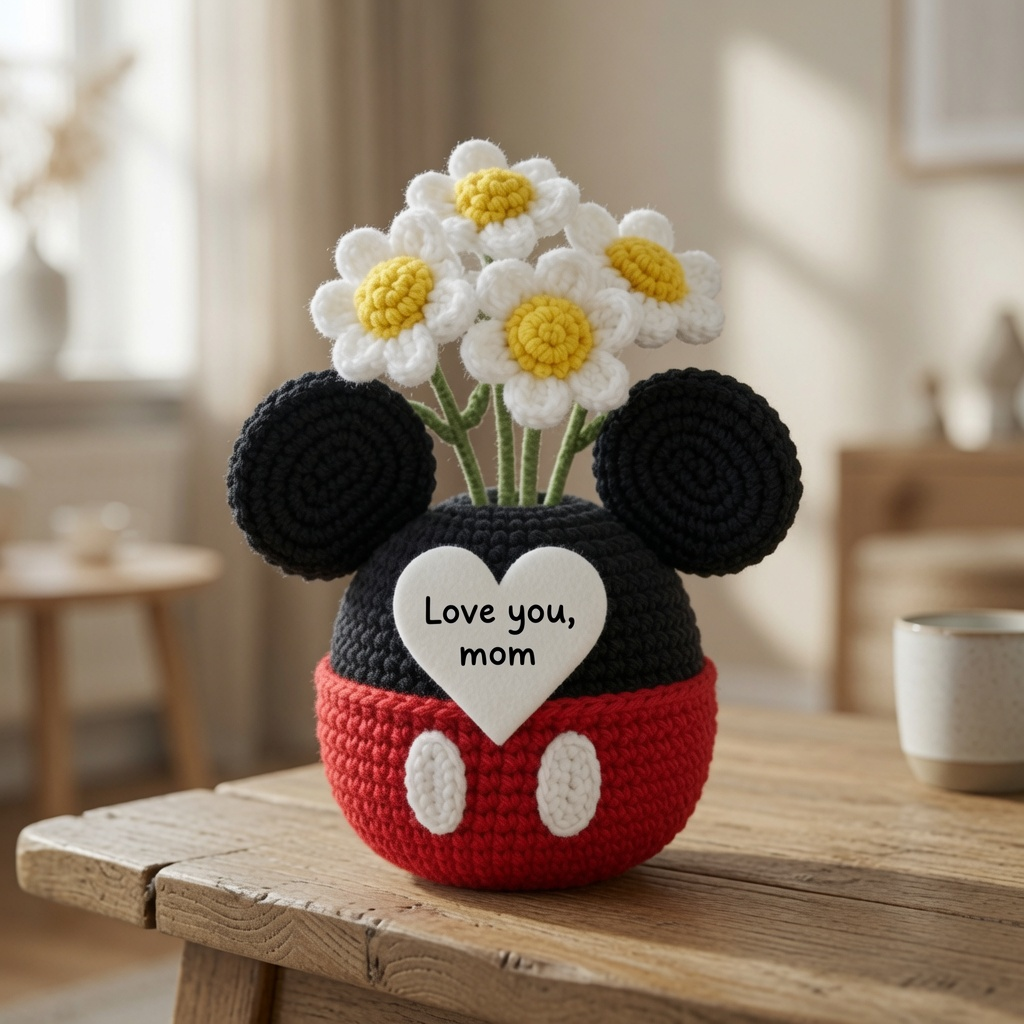 Mouse Crochet Flower Pot – Handmade Gift for Mom & Floral Decor