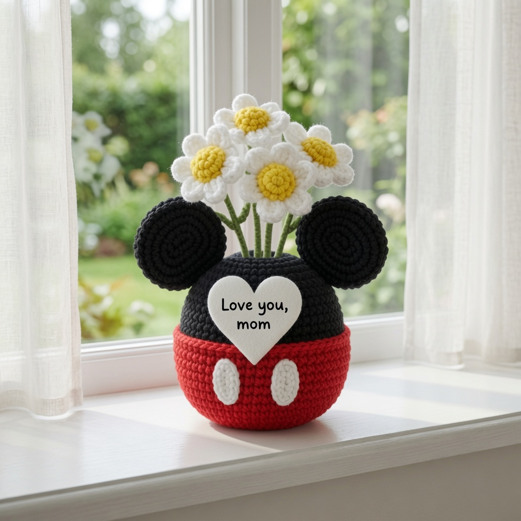 Mouse Crochet Flower Pot – Handmade Gift for Mom & Floral Decor