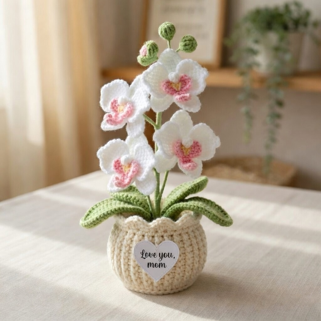 Crochet Orchid Pot – Handmade Orchid Flower Gift & Desk Decor