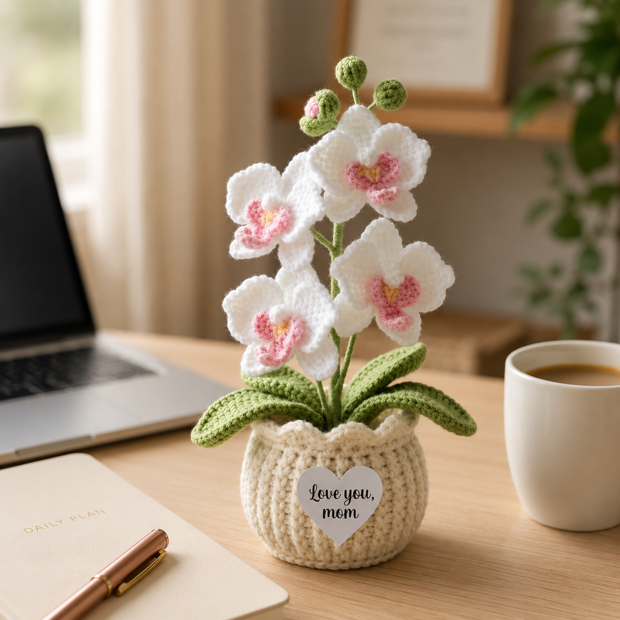 Crochet Orchid Pot – Handmade Orchid Flower Gift & Desk Decor
