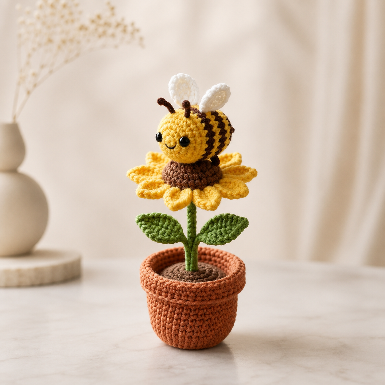 Crochet Sunflower Bee Potted Plant – Handmade Bee Flower Decor