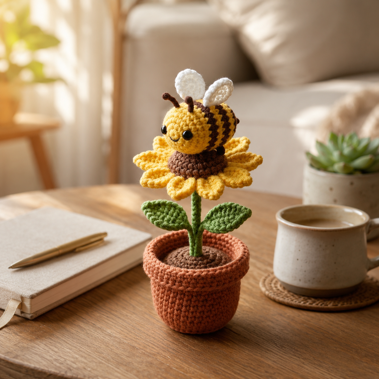 Crochet Sunflower Bee Potted Plant – Handmade Bee Flower Decor