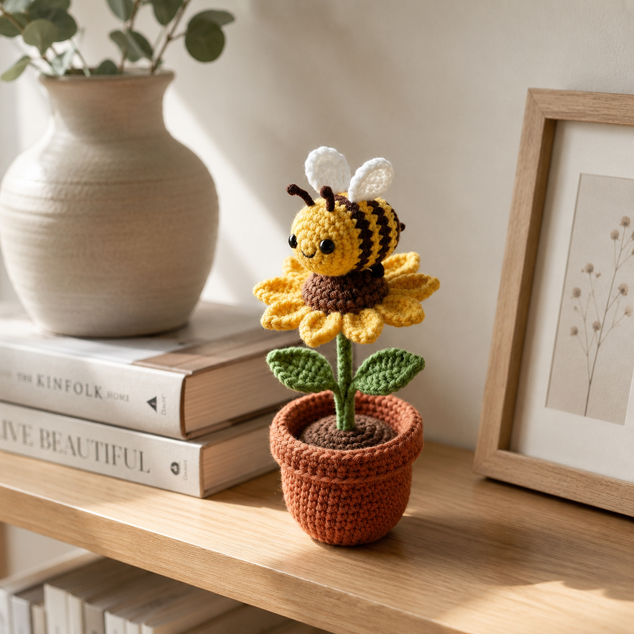 Crochet Sunflower Bee Potted Plant – Handmade Bee Flower Decor