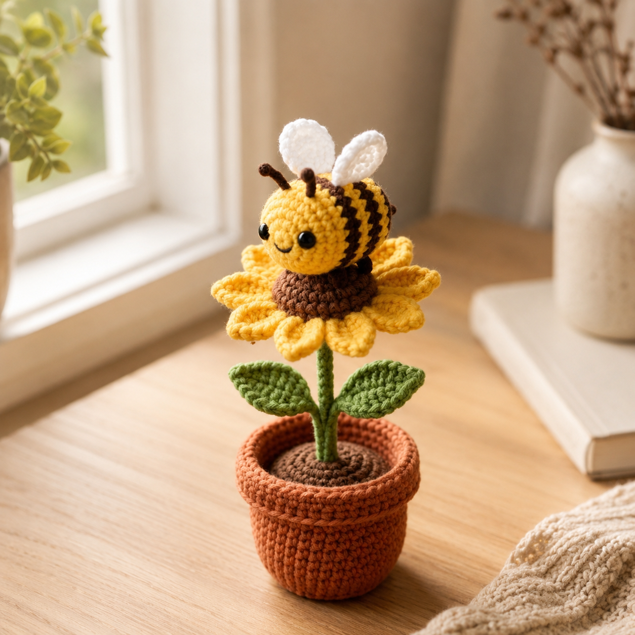 Crochet Sunflower Bee Potted Plant – Handmade Bee Flower Decor