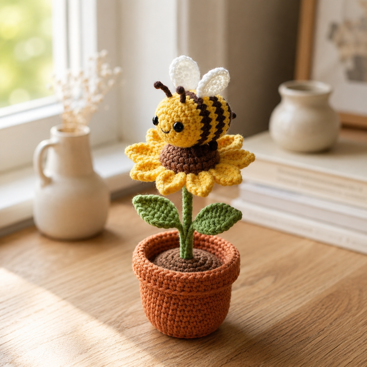 Crochet Sunflower Bee Potted Plant – Handmade Bee Flower Decor