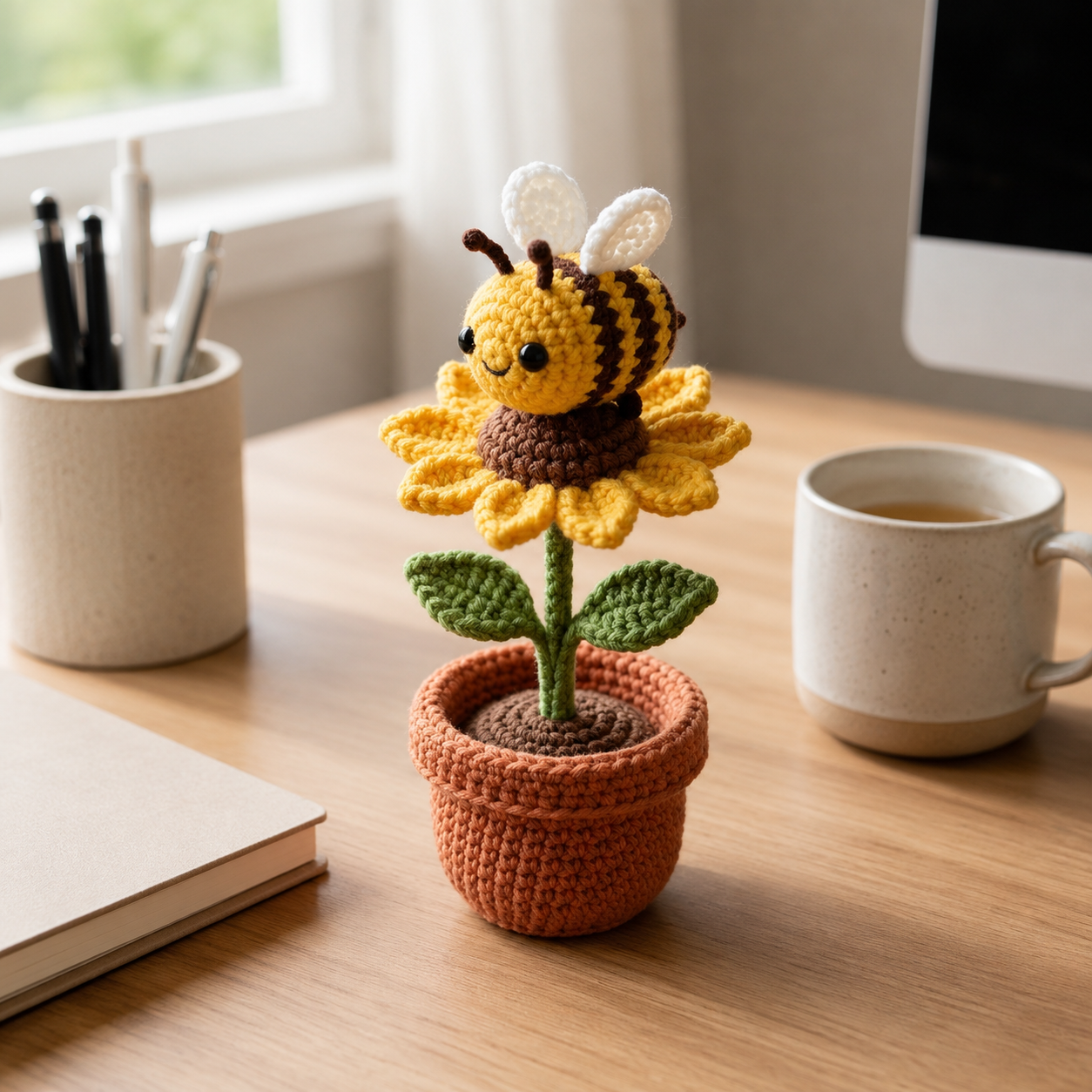 Crochet Sunflower Bee Potted Plant – Handmade Bee Flower Decor