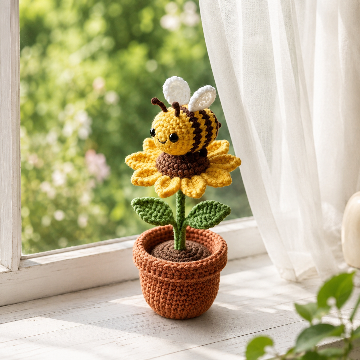 Crochet Sunflower Bee Potted Plant – Handmade Bee Flower Decor