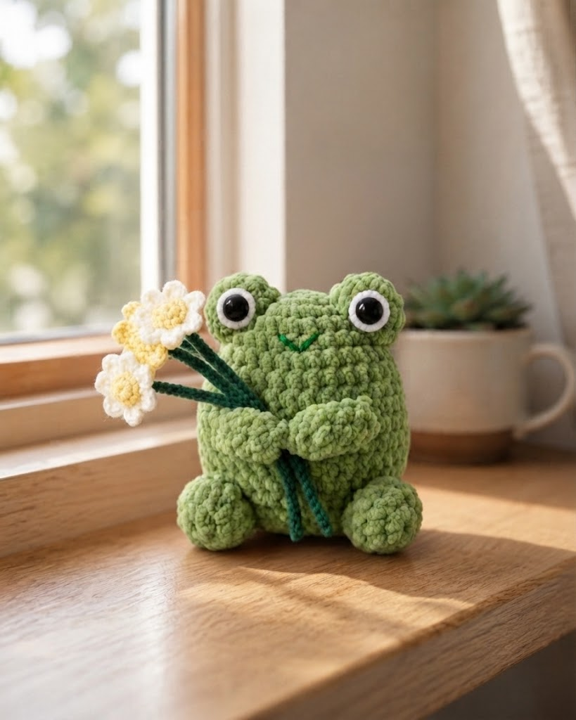 Crochet Frog with Flowers Plush – Handmade Amigurumi Decor