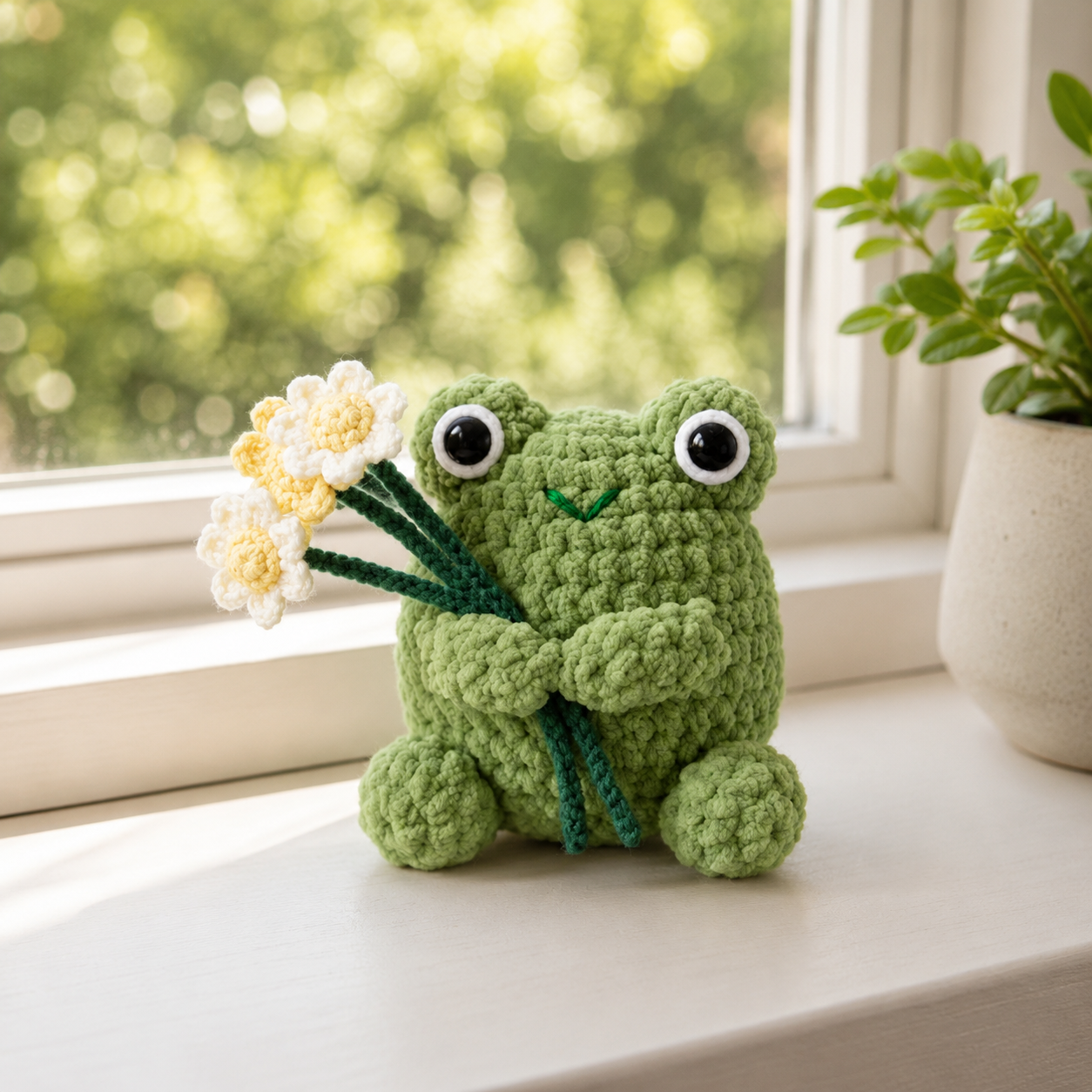 Crochet Frog with Flowers Plush – Handmade Amigurumi Decor