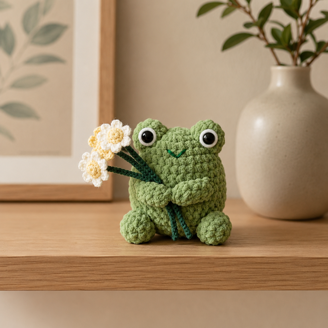 Crochet Frog with Flowers Plush – Handmade Amigurumi Decor