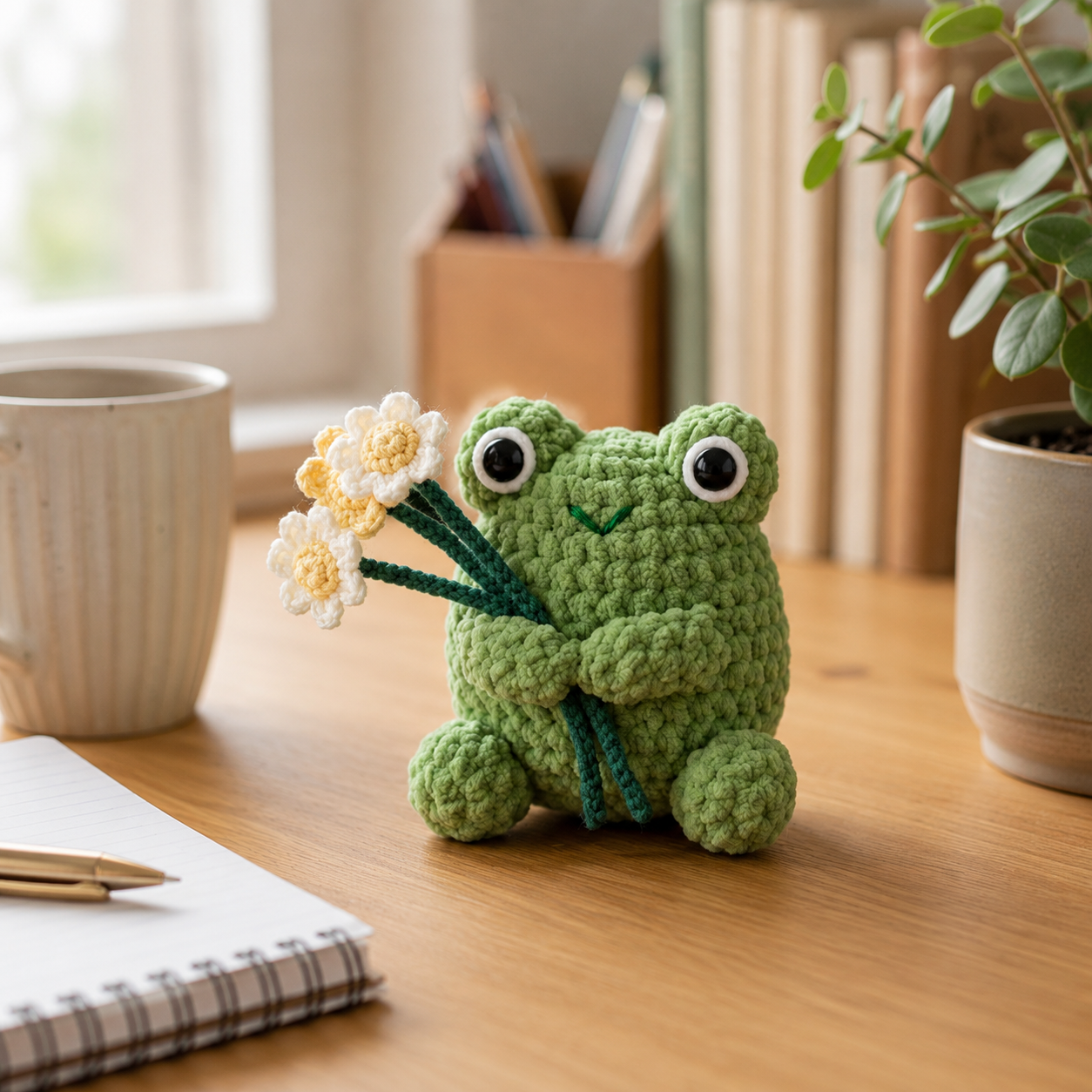 Crochet Frog with Flowers Plush – Handmade Amigurumi Decor