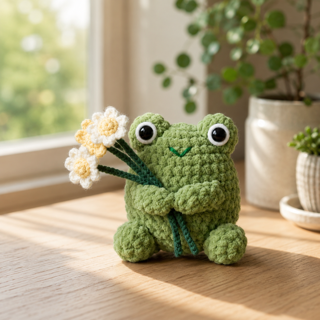 Crochet Frog with Flowers Plush – Handmade Amigurumi Decor