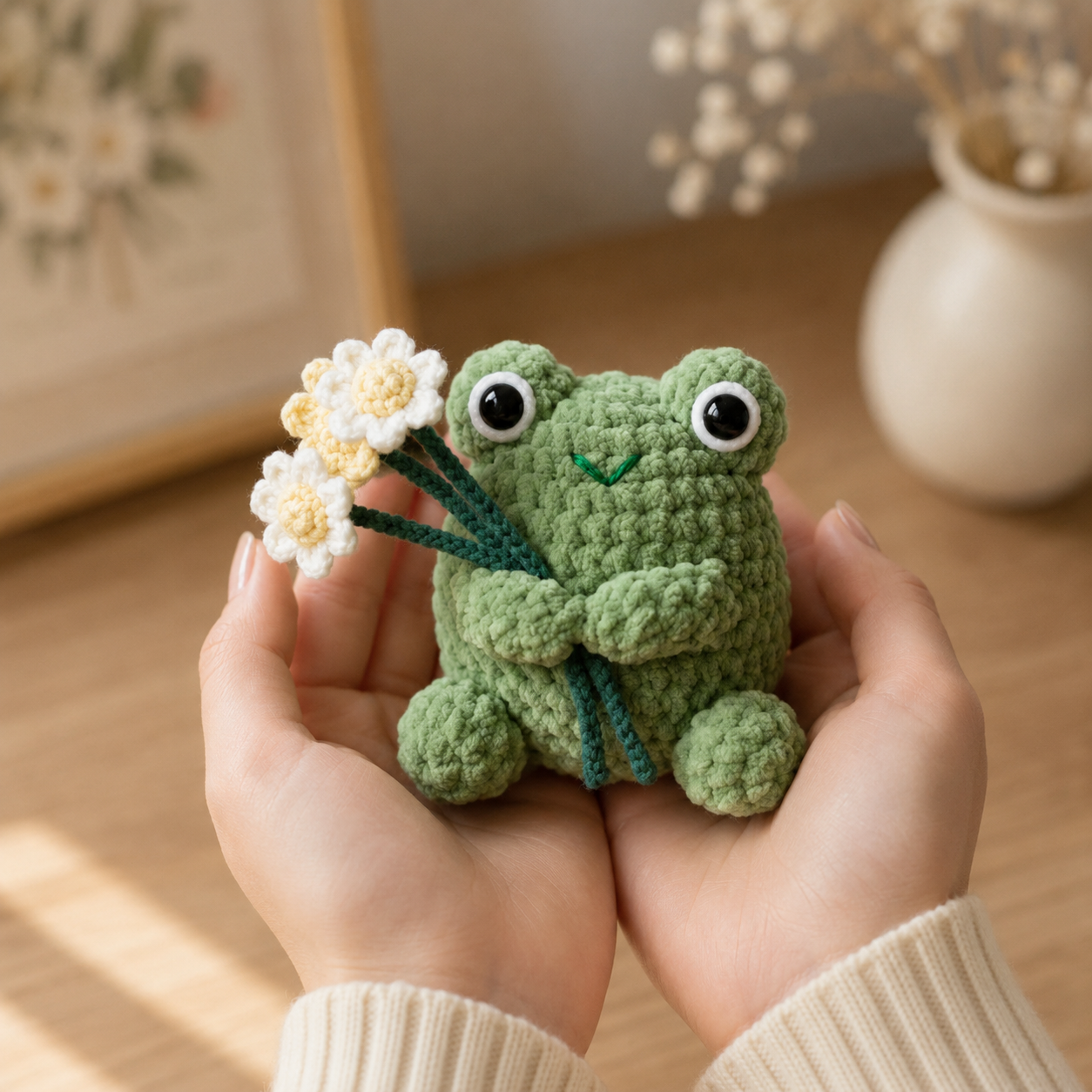 Crochet Frog with Flowers Plush – Handmade Amigurumi Decor