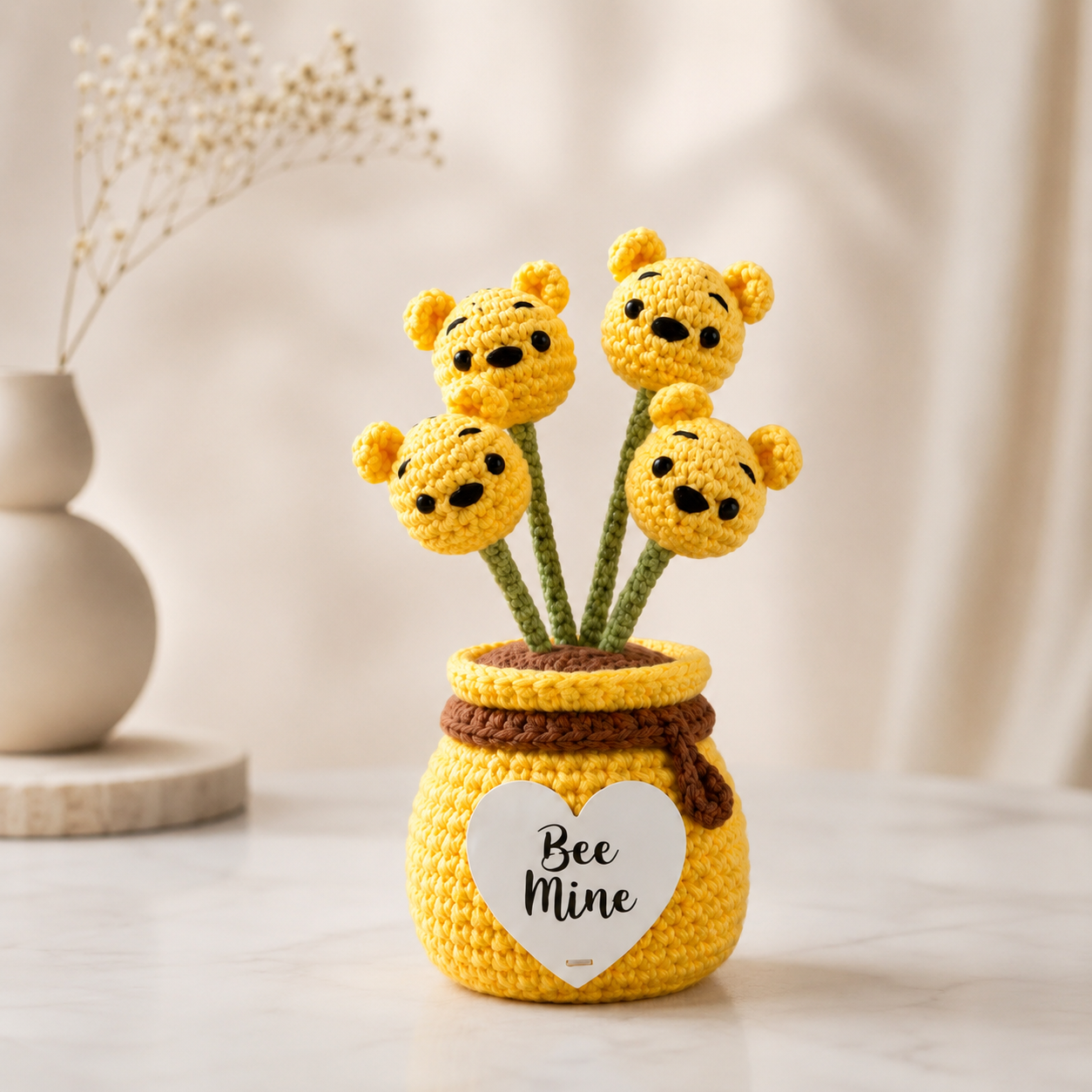 Crochet Bear Flower Pot with Honey Jar – Handmade Bee-Themed Decor